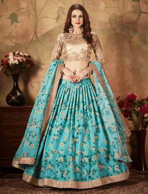 sky blue floral printed wedding lehenga set choli with dupatta for women stylish 4