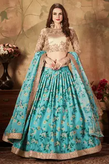 sky blue floral printed wedding lehenga set choli with dupatta for women stylish