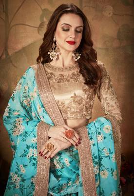sky blue floral printed wedding lehenga set choli with dupatta for women stylish 5