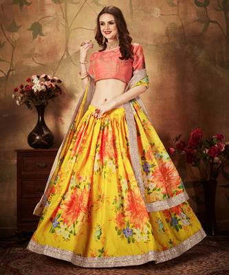 Yellow Floral Printed Heavy Wedding Designer Lehenga Choli for Women Stylish 1