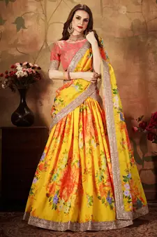 Yellow Floral Printed Heavy Wedding Designer Lehenga Choli for Women Stylish