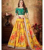 Yellow Amazing Floral Printed Organza Designer Lehenga with Green Blouse and Dupatta