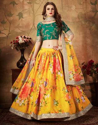 Yellow Amazing Floral Printed Organza Designer Lehenga with Green Blouse and Dupatta 2