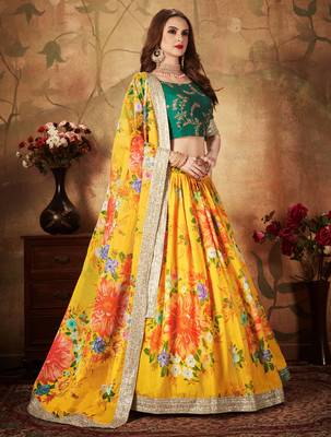 Yellow Amazing Floral Printed Organza Designer Lehenga with Green Blouse and Dupatta 3