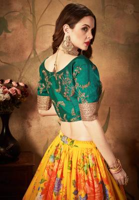 Yellow Amazing Floral Printed Organza Designer Lehenga with Green Blouse and Dupatta 5