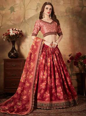 maroon floral print organza lehenga with fully embroidered top and dupatta 5