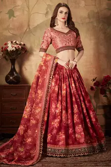 maroon floral print organza lehenga with fully embroidered top and dupatta