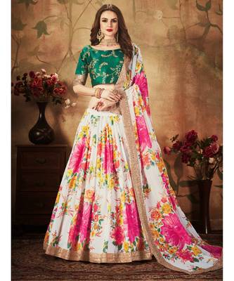 Off-white Amazing Floral Printed organza Wedding Designer Lehenga Choli for Women 1