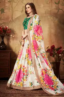 Off-white Amazing Floral Printed organza Wedding Designer Lehenga Choli for Women