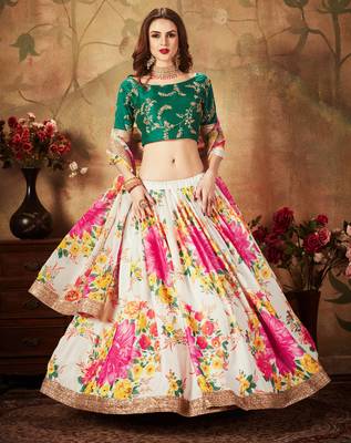 Off-white Amazing Floral Printed organza Wedding Designer Lehenga Choli for Women 3