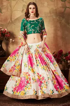 Off-white Amazing Floral Printed organza Wedding Designer Lehenga Choli for Women