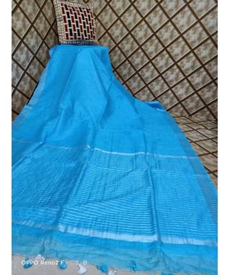 blue   Kota Linen Handloom linen Saree with zari border 1