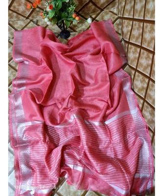 pink   Kota Linen Handloom linen Saree with zari border 1