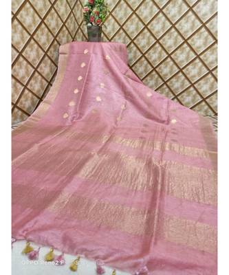 pink Kota Linen Handloom Saree with Zari Buta design 1