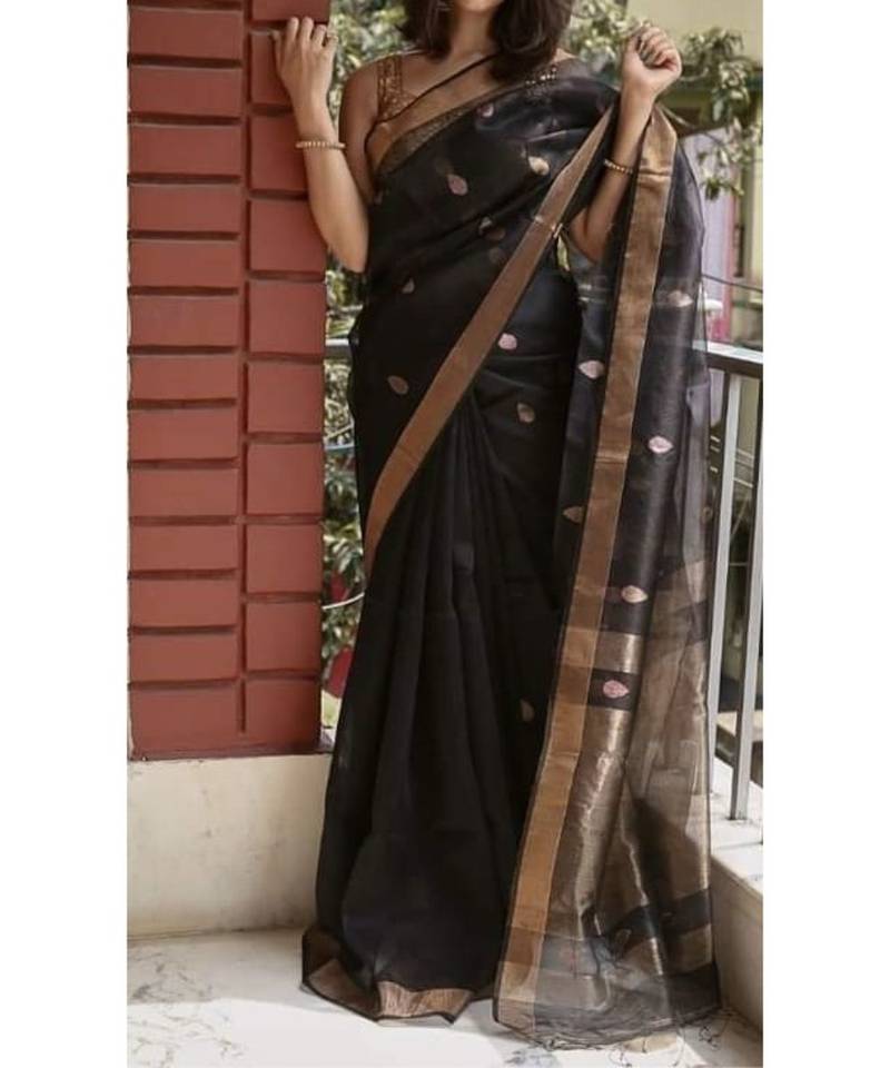 black Kota Linen Handloom Saree with Zari Buta design