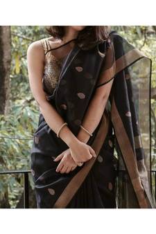 black Kota Linen Handloom Saree with Zari Buta design