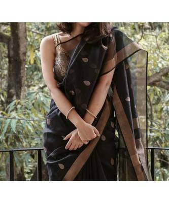 black Kota Linen Handloom Saree with Zari Buta design 1