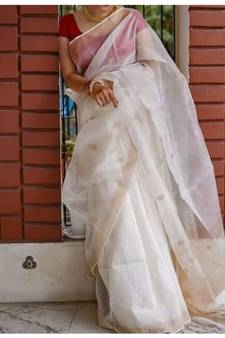 white Kota Linen Handloom Saree with Zari Buta design