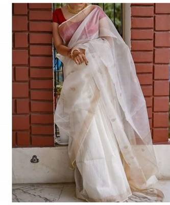 white Kota Linen Handloom Saree with Zari Buta design 1
