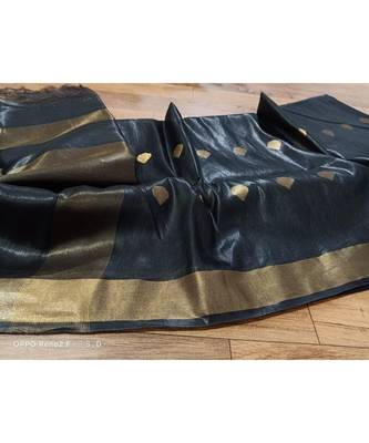 black Kota Linen Handloom Saree with Zari Buta design 1