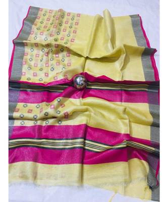yellow Handcrafted tissue linen saree with jacquard woven design 1