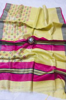 yellow Handcrafted tissue linen saree with jacquard woven design