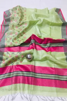 green Handcrafted tissue linen saree with jacquard woven design
