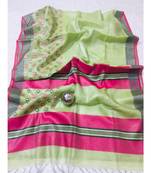 green Handcrafted tissue linen saree with jacquard woven design