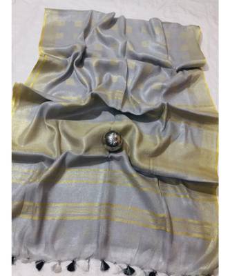 grey Handcrafted tissue linen saree with jacquard woven design 1