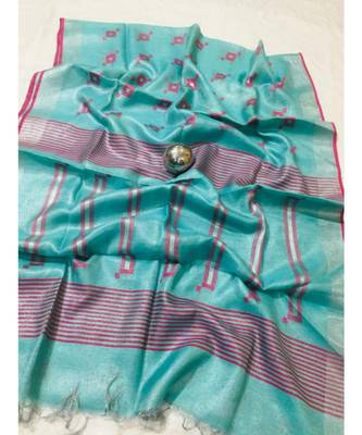 blue Handcrafted tissue linen saree with jacquard woven design 1