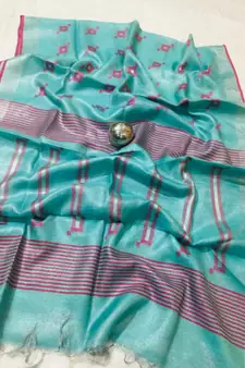 blue Handcrafted tissue linen saree with jacquard woven design