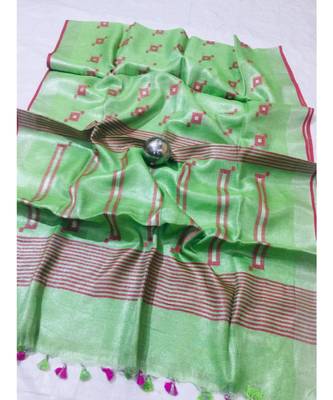 green Handcrafted tissue linen saree with jacquard woven design 1