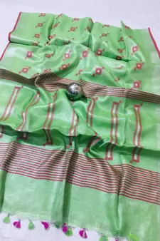 green Handcrafted tissue linen saree with jacquard woven design