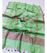 green Handcrafted tissue linen saree with jacquard woven design