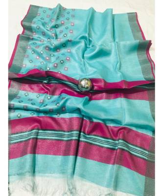 blue Handcrafted tissue linen saree with jacquard woven design 1