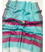 blue Handcrafted tissue linen saree with jacquard woven design