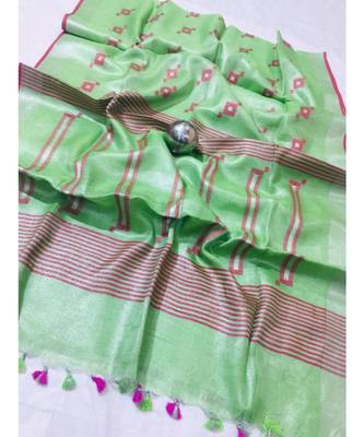 green Handcrafted tissue linen saree with jacquard woven design 1