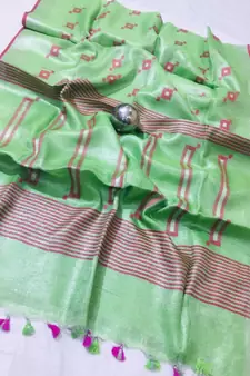 green Handcrafted tissue linen saree with jacquard woven design