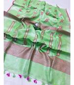 green Handcrafted tissue linen saree with jacquard woven design