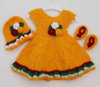 Yellow hand woven woolen blends kids-frocks 1