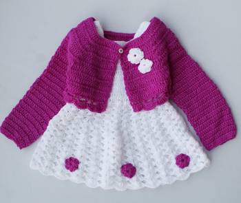White hand woven woolen blends kids-frocks 2