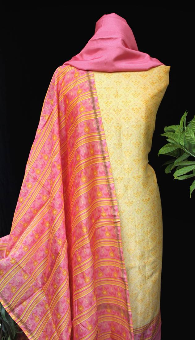 Lemon And Pink Printed Unstitched Suit