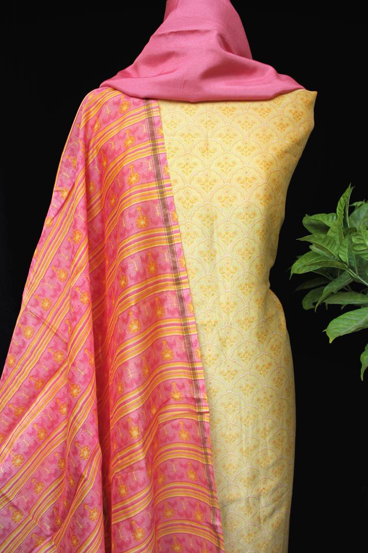 Lemon And Pink Printed Unstitched Suit