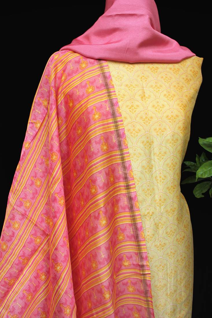 Lemon And Pink Printed Unstitched Suit