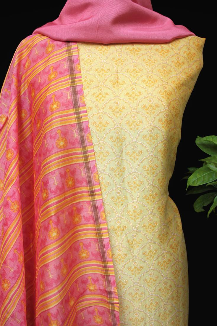 Lemon And Pink Printed Unstitched Suit