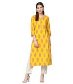 Yellow Cotton Printed  Kurta