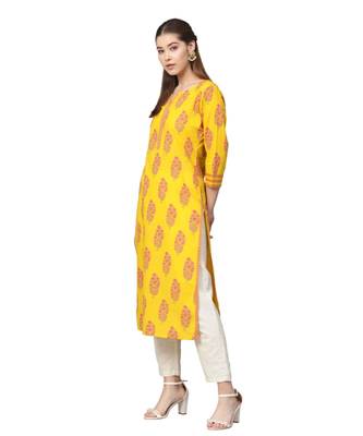 Yellow Cotton Printed  Kurta 2