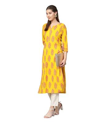 Yellow Cotton Printed  Kurta 3