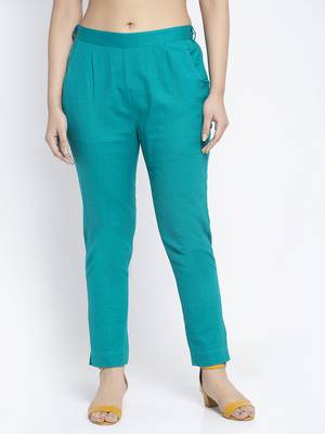 Sea-green plain cotton trousers 1