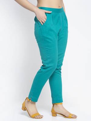Sea-green plain cotton trousers 2
